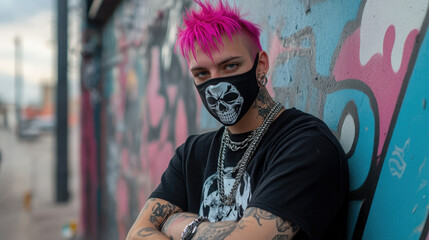 Young Man with Bright Pink Hair and Skull Mask