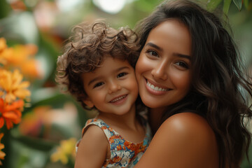 Mother and son enjoying a summer day in a lush park, where the vibrant colors reflect their joy and special connection.