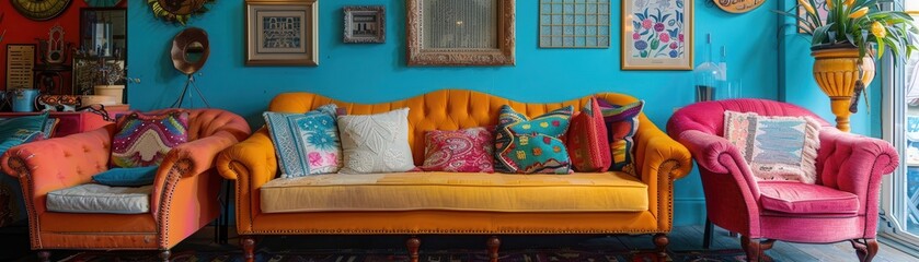 Vintage Furniture Shop, vibrant colors, eclectic styles, indoor setting, photography