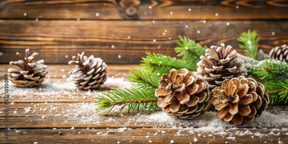 Poster pine cones dusted with snow resting on a wooden surface with evergreen sprigs