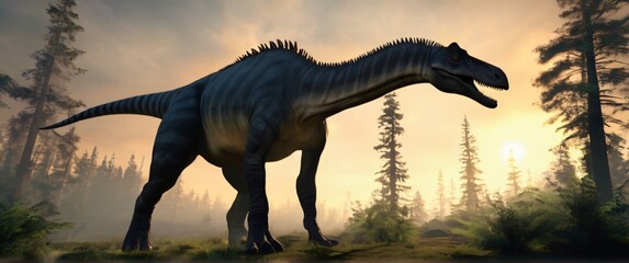 Fototapeta premium Dinosaur during jurassic era with huge trees in the forest on a sunny day. Highly detailed and realistic illustration in 21:9 wide aspcect ratio
