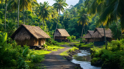 Polynesian tribe, Maori people. Village life in a picturesque area with dense vegetation and rivers. Concept: Tourist area in wild places.
