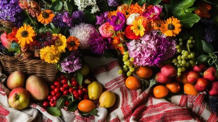 A vibrant arrangement of flowers with summer picnic items like blankets and fruits, evoking a sense of joy and togetherness