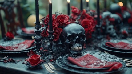 A gothic-themed dining table with skulls and red roses.