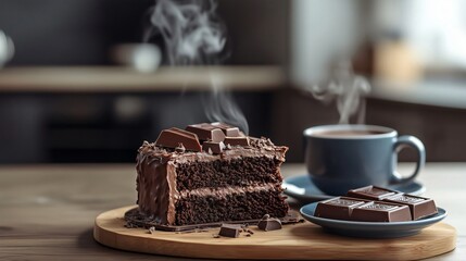 Steaming cup of coffee and chocolate cake on kitchen counter