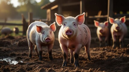 A group of pink piglets standing in a muddy pen on a farm, looking up at the camera.