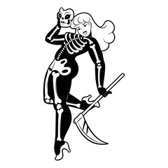 Fototapeta premium Vector Beautiful Skeleton Girl Cartoon Pin Up Retro Style Illustration Isolated