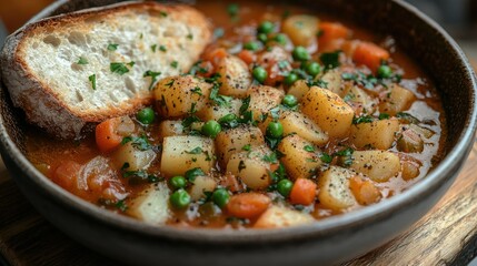 A bowl of hearty vegetable stew with chunks of potatoes, carrots, and peas, served with a slice of warm, buttered bread