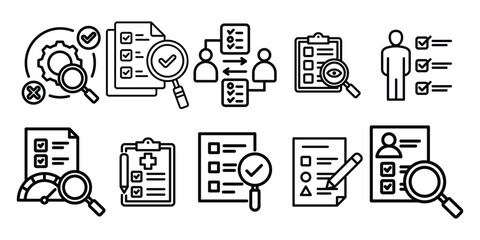 Evaluation thin line icon set. Containing checklist, review, quality, survey, analysis, document, business management data, inspection, statistic, inspecting, statement, report, test vector