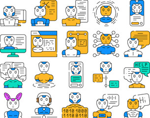 chat bot robot service icons set vector. ai chatbot, mobile digital, support online, technology app, help phone, customer chat bot robot service color Contour Illustrations