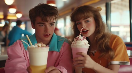 A close-up of two young adults enjoying milkshakes in a retro diner setting.
