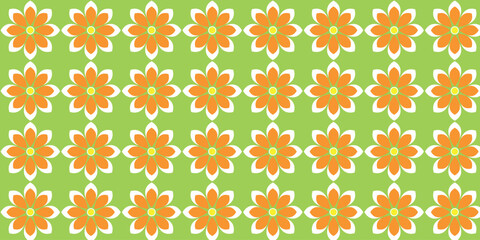Cool pattern with orange and white floral motifs on a green background