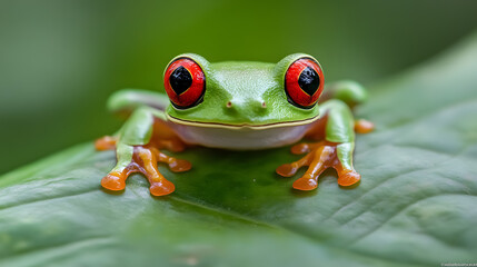 Obraz premium Portrait of a red-eyed tree frog (Agalychnis callidryas) on a leaf, Indonesia.