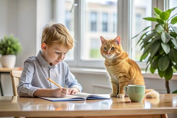 Education and training. A little boy is doing his homework. The student does her schoolwork at home. A red-haired cat is sitting next to me.