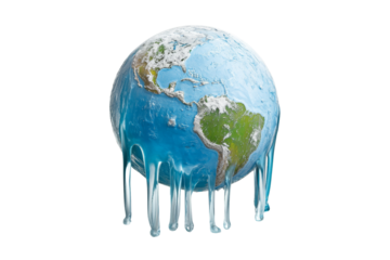 A melting globe representing climate change, showcasing the Earth with dripping ice and water.