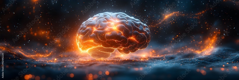 Poster Futuristic brain-computer interface technology controlling the human mind and body. Cybernetic concept of intelligence and digital data communication with the brain.
