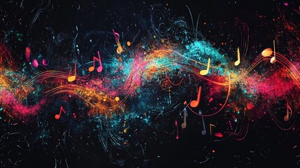 Vibrant Musical Harmony, an illustration showcasing a cascade of colorful musical notes flowing in an abstract design, embodying creativity and rhythmic expression.