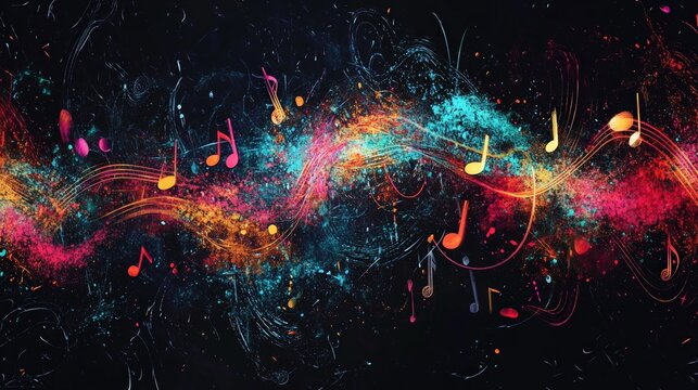 Vibrant Musical Harmony, an illustration showcasing a cascade of colorful musical notes flowing in an abstract design, embodying creativity and rhythmic expression.