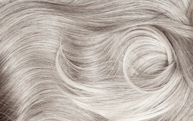 Blond hair close-up as a background. Women's long blonde hair. Beautifully styled wavy shiny curls....