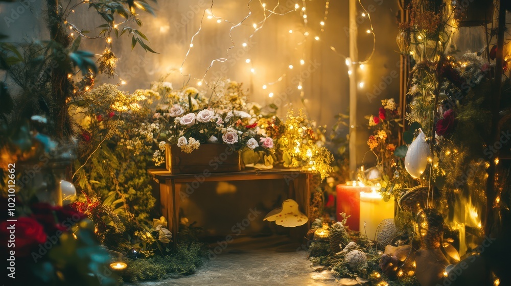 Poster a whimsical combination of flowers with fairy lights and whimsical objects, creating a magical and e