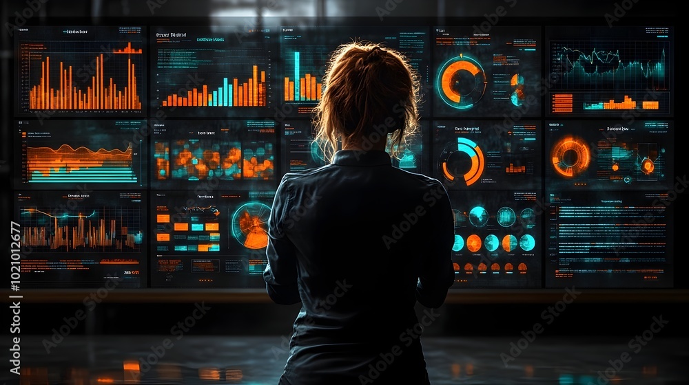 Poster Futuristic digital dashboard displaying various analytical data visualizations,charts,graphs,and statistics for business,finance,marketing,and data-driven decision-making.