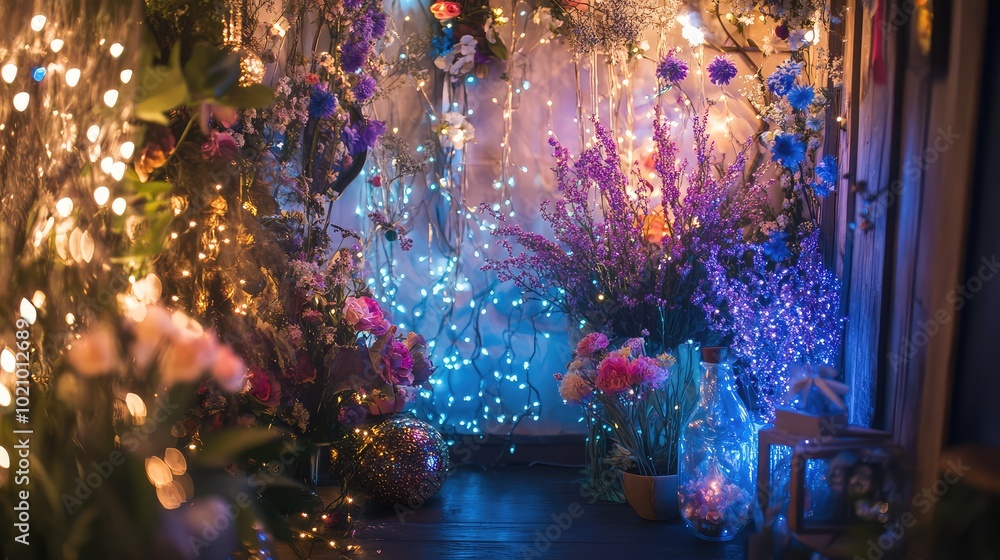Poster a whimsical combination of flowers with fairy lights and whimsical objects, creating a magical and e