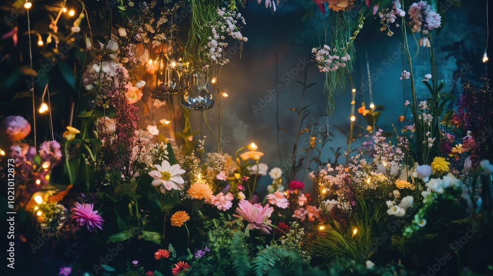 Poster a whimsical combination of flowers with fairy lights and whimsical objects, creating a magical and e