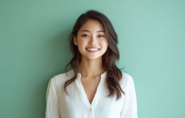 A young woman serene smile and elegant pose against a soft green setting emphasize her natural grace and allure.