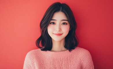 Fototapeta premium An Asian woman in a red attire stands against a matching red background, exuding warmth and friendliness, perfect for red-themed marketing campaigns.