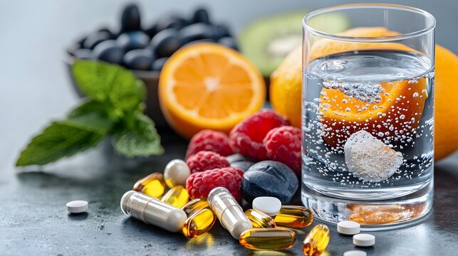 Close up image showcasing an arrangement of various vitamins and immune boosting nutritional supplements placed on a minimalist wooden table alongside a glass of water