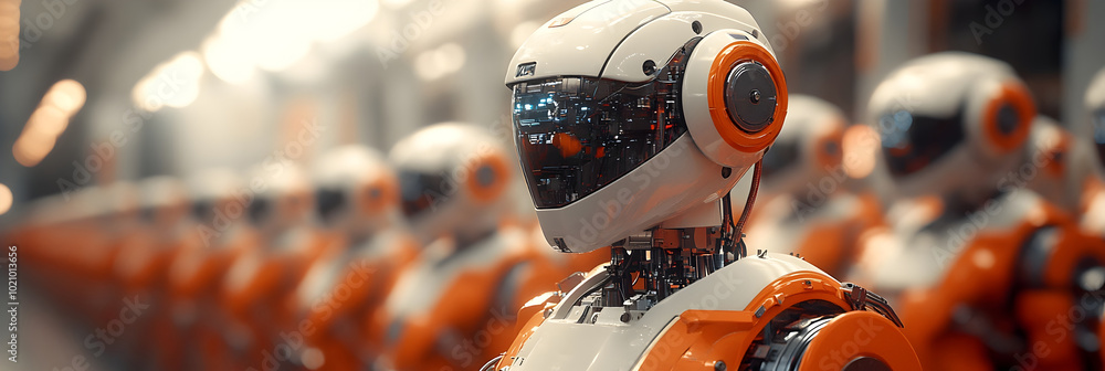 Aufkleber Futuristic orange robot in a row of advanced mechanical machines on an industrial background. Technological innovation,automation,and digitalization in modern manufacturing and engineering.