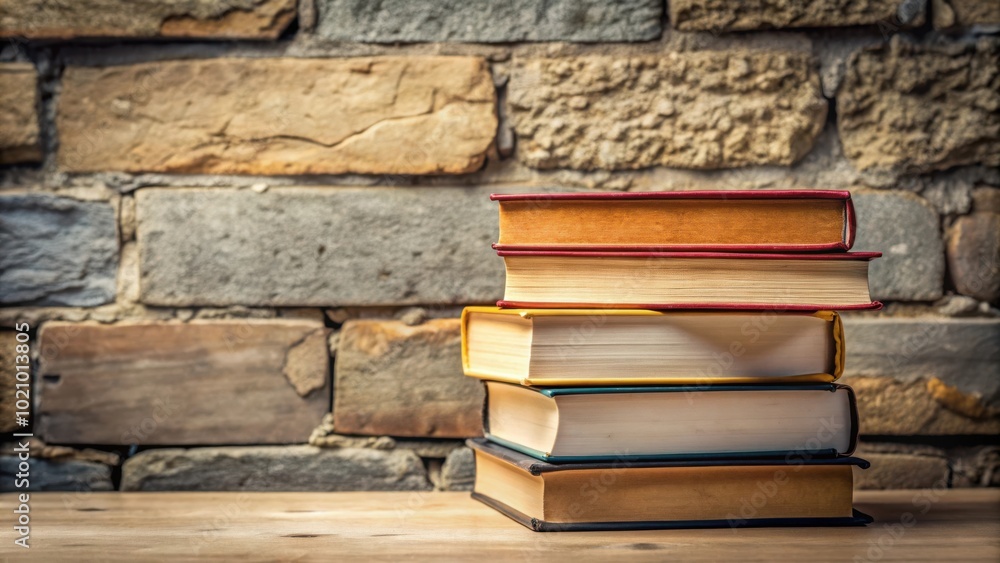 Poster a stack of books rests on a wooden surface in front of a stone wall