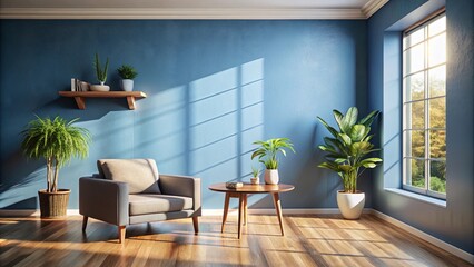 Sunlight streams through a window, illuminating a cozy living room with a soft armchair, a wooden coffee table, and leafy plants, creating a sense of tranquility and warmth.