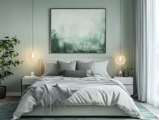 A modern women bedroom with sage green walls, clean-lined furniture, and abstract art for a chic, earthy look