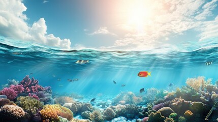 Fototapeta premium Vibrant Coral Reef Underwater Scene with Tropical Fish