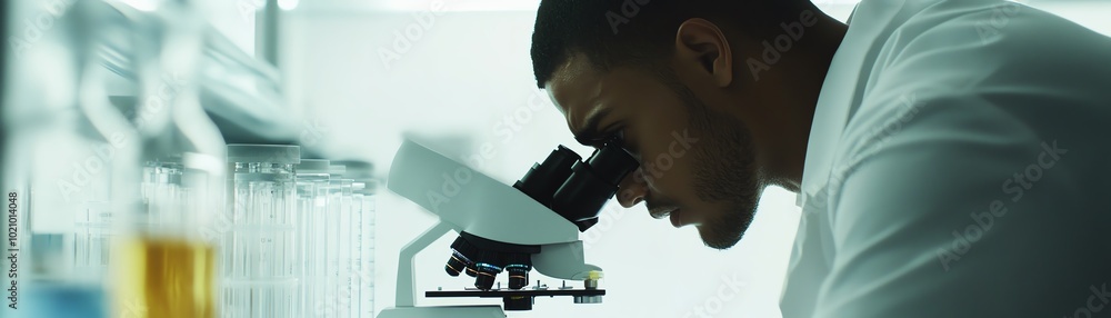 Poster a scientist looks through a microscope in a laboratory.