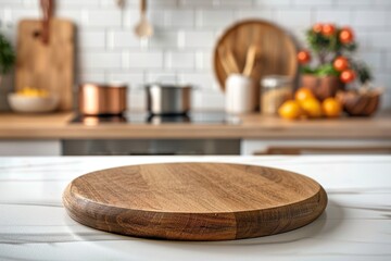 Kitchen podium background for food product. Wooden cutting board against a bright, modern kitchen backdrop. Table pedestal display, wooden platform.