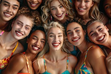 Fototapeta premium Diverse group of happy women of various races and ethnicities smiling outdoors, including Caucasian, African American, Asian, and Latina women, showcasing their unique features.