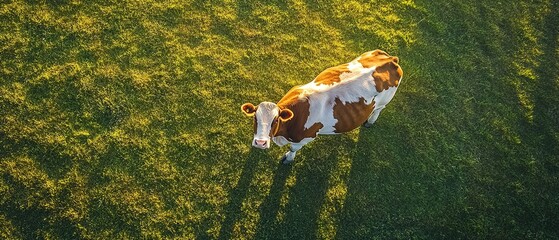 A cow standing on the grassy field, aerial view, sunny day, top-down perspective.
