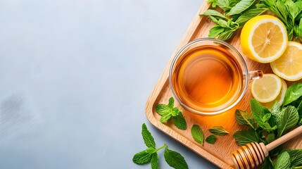 Herbal Tea Wellness Ritual on Wooden Tray with Lemon Honey and Fresh Herbs  Cozy and Soothing Natural Setup for a Winter Self Care Routine