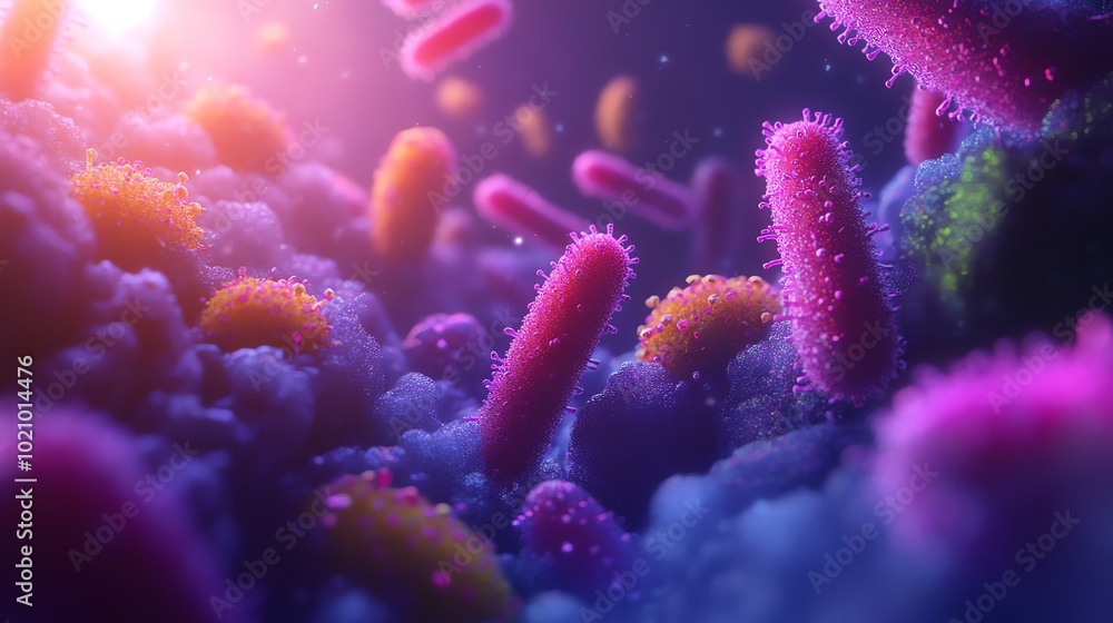 Poster abstract 3d rendering of colorful bacteria and microbes.