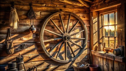 Obraz premium The Warmth of the Sun Bathes the Wooden Walls, Illuminating a Large Wagon Wheel, While Sunbeams Cast Long Shadows Through a Small Window