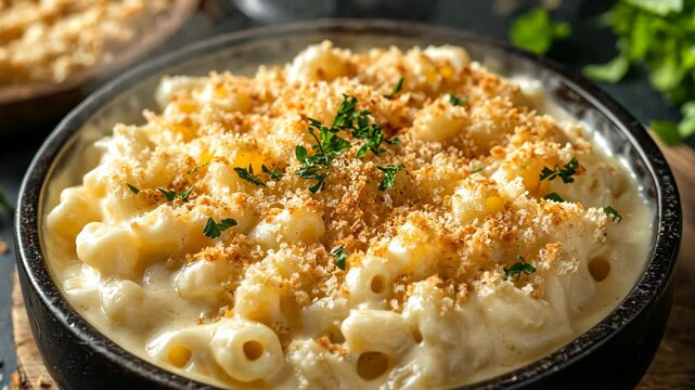 A bowl of creamy macaroni and cheese topped with crispy breadcrumbs and fresh parsley