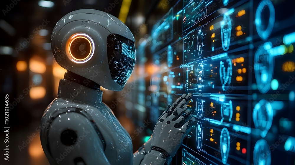 Poster Futuristic robotic figure closely observing and analyzing complex digital data and information displayed on an advanced,high-tech interface or control panel.