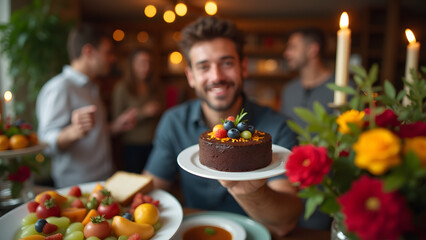 Fototapeta premium A Joyful Celebration with a Man Holding a Beautifully Decorated Chocolate Cake Surrounded by Colorful Fruits