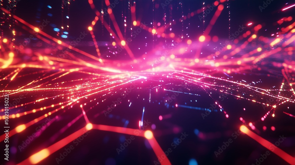 Poster abstract digital art featuring vibrant lines and dots creating a dynamic sense of motion in a blue a