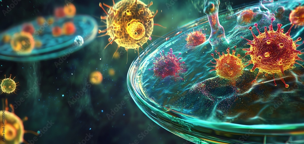 Poster abstract background with colorful cells and glowing particles.