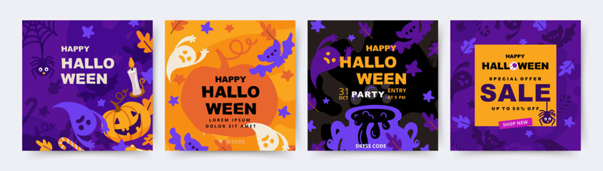 Happy Halloween set of cute vector cards or party invitations with funny ghosts, bats, pumpkins. Trendy design for cover, sale banner, party invitation, flyer, advertisement, social media background