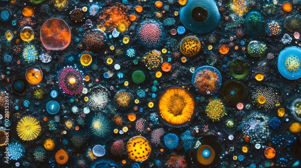Poster abstract background with colorful orbs scattered on a dark surface.