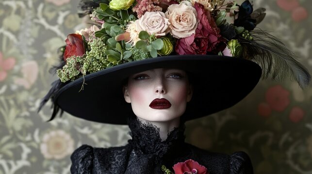 A woman wearing a black hat with flowers on it